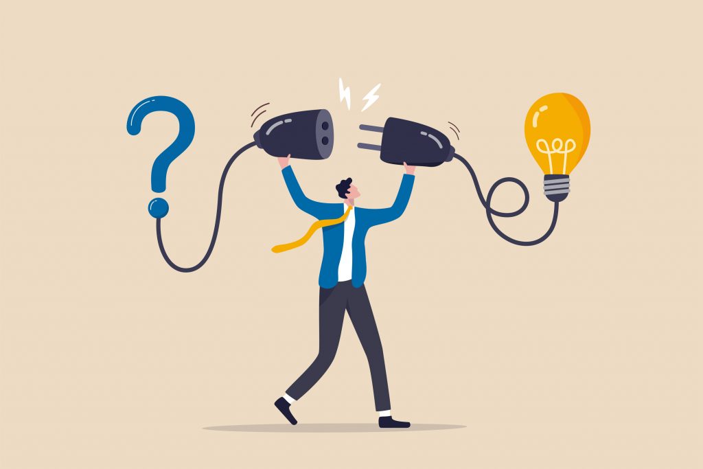Representing outages with an illustration of a man connecting a power cord, with a question mark and a lightbulb