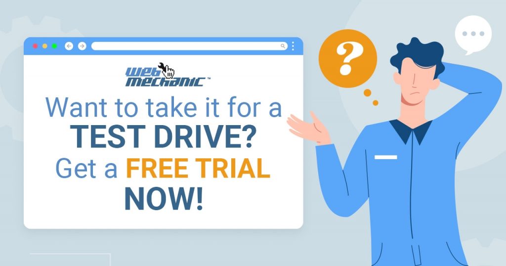 A quizzical man observes a web window with the text "Want to take it for a test drive? Get a free trial now!"